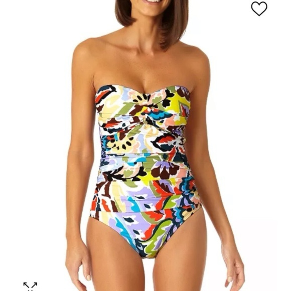 Ann Cole Twist Front Ruched Floral Abstract Print One Piece Swimsuit. Sz 14